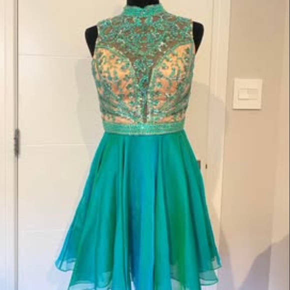 Sherri Hill halter skater dress, blue/teal/emerald, size 10, like new. - Picture 2 of 5